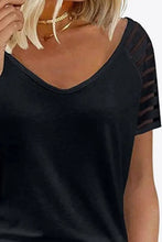 Black V-Neck Raglan Sleeve Tee with Short Sleeves and Sheer Striped Shoulders