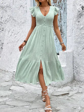 V-Neck Ruffled Cap Sleeve Dress Light Green Casual Dresses