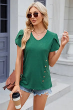 Women’s dark green V-neck short sleeve T-shirt with side buttons