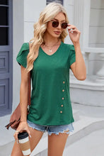 Women’s green V-neck short sleeve T-shirt with side buttons