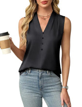 Black v-neck sleeveless blouse with button-front design perfect for stylish warm weather layering