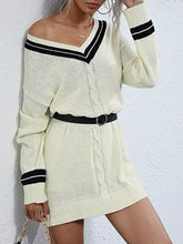 Off-the-shoulder cream V-neck cable knit sweater dress with black striped trim