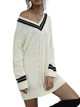Off-the-shoulder cream V-neck cable knit sweater dress with black trim