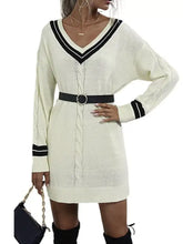 V-neck striped trim cable knit cream sweater dress with ribbed cuffs