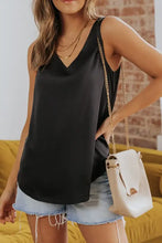 Black satin sleeveless v-neck wide strap tank top with wide straps for elegant casual wear