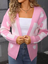Valentines Day heart pattern knit cardigan in pink with ribbed cuffs