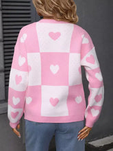 Pink and white checkered heart pattern knit cardigan with long sleeves