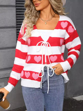 Heart pattern striped red white knit sweater with pink hearts tie front