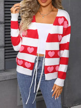 Valentine’s Day heart pattern striped red white knit cardigan