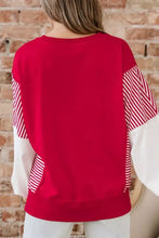 Valentines day sequin heart striped color block patchwork red sweatshirt with striped and solid sleeve panels