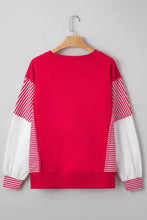 Valentines day sequin heart striped color block patchwork sweatshirt with red and white striped sleeves and solid red body