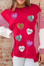 Red valentines day sweatshirt with sequined heart patches and striped sleeves for festive casual wear