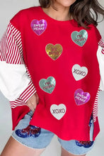 Valentines Day sequin heart striped color block patchwork sweatshirt with red oversized knit and pink green white patches