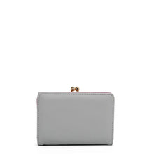 Vegan Leather Trifold Wallet Gray and Pink Kiss Lock Design
