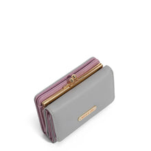 Vegan Leather Trifold Wallet Gray and Pink Kiss Lock Design