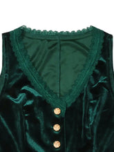 Emerald green velvet sleeveless vest with delicate velvet lace trim and gold-toned button-down closure