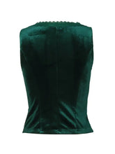 Velvet lace sleeveless corset top in emerald green velvet with delicate beaded trim along the neckline