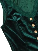 Emerald green velvet sleeveless vest with velvet lace trim and gold-toned woven buttons for elegant wear