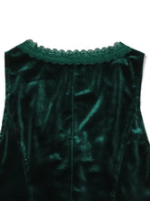 Emerald green velvet lace button-down vest dress featuring sleeveless design and delicate lace trim along neckline