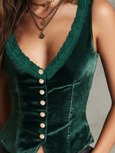 Velvet lace emerald green velvet corset with scalloped lace trim and gold toned buttons in a button down vest style