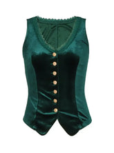 Emerald green velvet lace button-down vest with gold-toned buttons and lace trim in velvet lace fabric