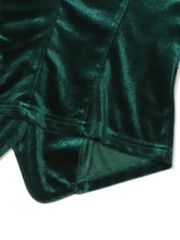 Velvet lace trim button-down vest in emerald green velvet with plush texture and visible stitching along the hem
