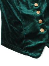 Emerald green velvet lace button-down vest featuring gold-toned woven buttons and luxurious green velvet lace trim