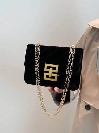 Velvet Quilted Shoulder Bag with Gold Chain Black One Size