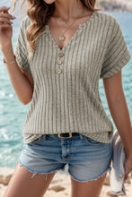Vertical Striped Ribbed Knit Top with Decorative Buttons Mocha