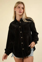 Black velvet oversized mixed media button raw hem shacket with denim shorts