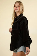 VERY J mixed media button raw hem shacket in black velvet jacket and frayed denim shorts