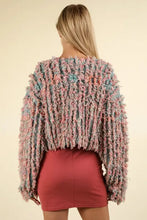 Pastel floral VERY J shaggy yarn knit zip cardigan with frayed edges