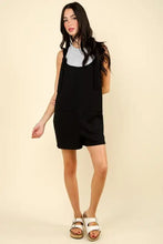 VERY J casual knit romper in black sleeveless overalls with gray top, white sandals