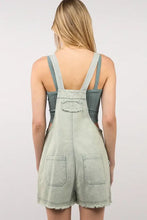 VERY J washed frayed hem denim overall in light green with front pocket