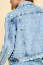 Veveret Button Up Pearl Detail Long Sleeve Denim Jacket Woman Outerwear