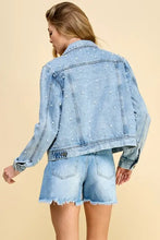 Veveret Button Up Pearl Detail Long Sleeve Denim Jacket Woman Outerwear