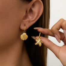 Vintage gold seashell and starfish drop earrings in gold-plated titanium steel