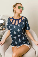 Vintage Star Print Top with Caged Neckline for Women DK NAVY