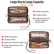 Vintage style double zipper brown leather wallet with compartments and wrist strap
