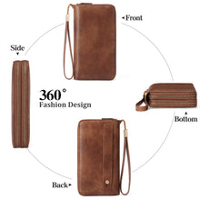 Vintage style double zipper brown leather wallet with wrist strap and gold-tone pulls