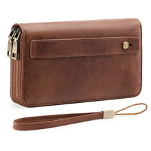 Vintage style double zipper brown leather wallet with detachable wrist strap