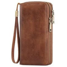Vintage style double zipper brown leather wallet with wrist strap