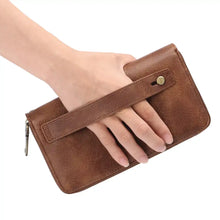 Vintage style double zipper brown leather wallet back with strap