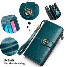 Vintage style teal faux leather long wallet with gold sunflower clasp