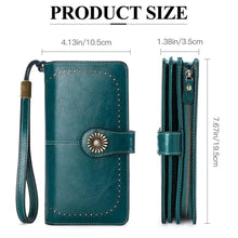 Vintage style leather long wallet in teal with brass sunburst clasp