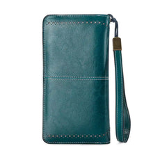 Vintage style teal leather long wallet with stitched detailing and wrist strap