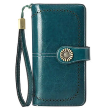 Vintage style teal leather long wallet with gold floral clasp and wrist strap