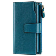 Vintage style teal leather long wallet with zipper and strap
