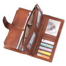 Vintage style leather wallet with card slots, zippered compartment, ID windows