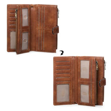 Vintage style brown leather wallet with card slots, ID windows, zippers